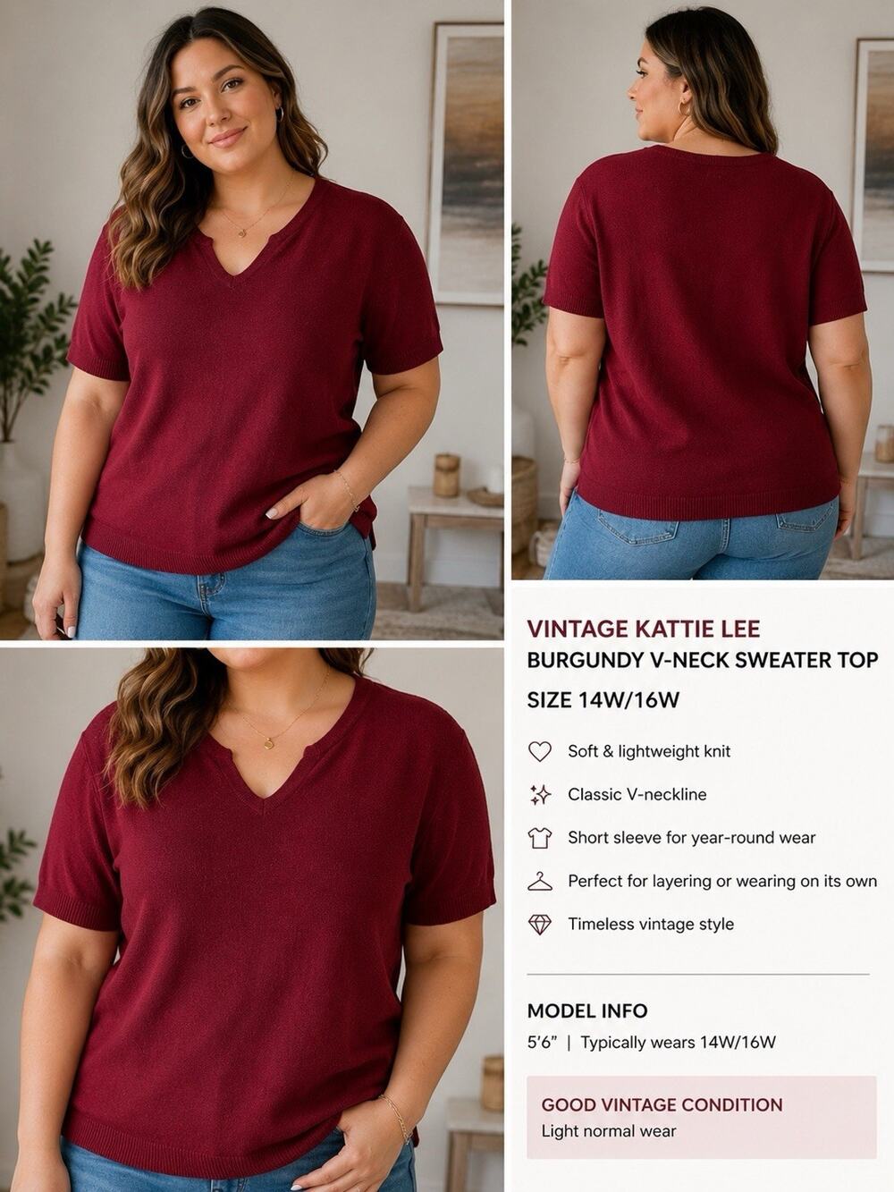 Vintage Kathie Lee Woman Burgundy Short Sleeve Sweater Women’s 14W/16W V-Neck